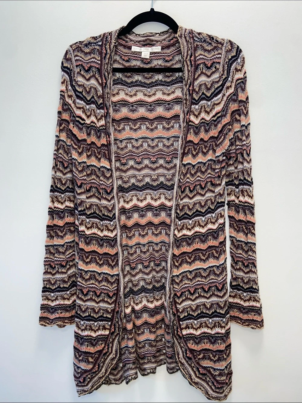 Boston Proper Open Front Wavy ZigZag Open Knit Crochet Lightweight Cardigan 3716